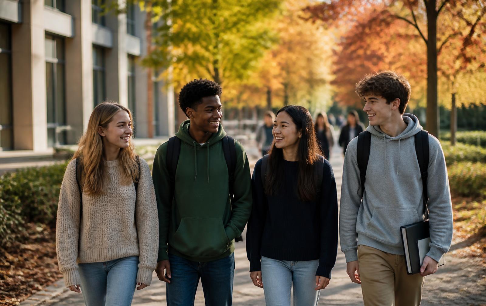 Students walking together on a tree-lined school path